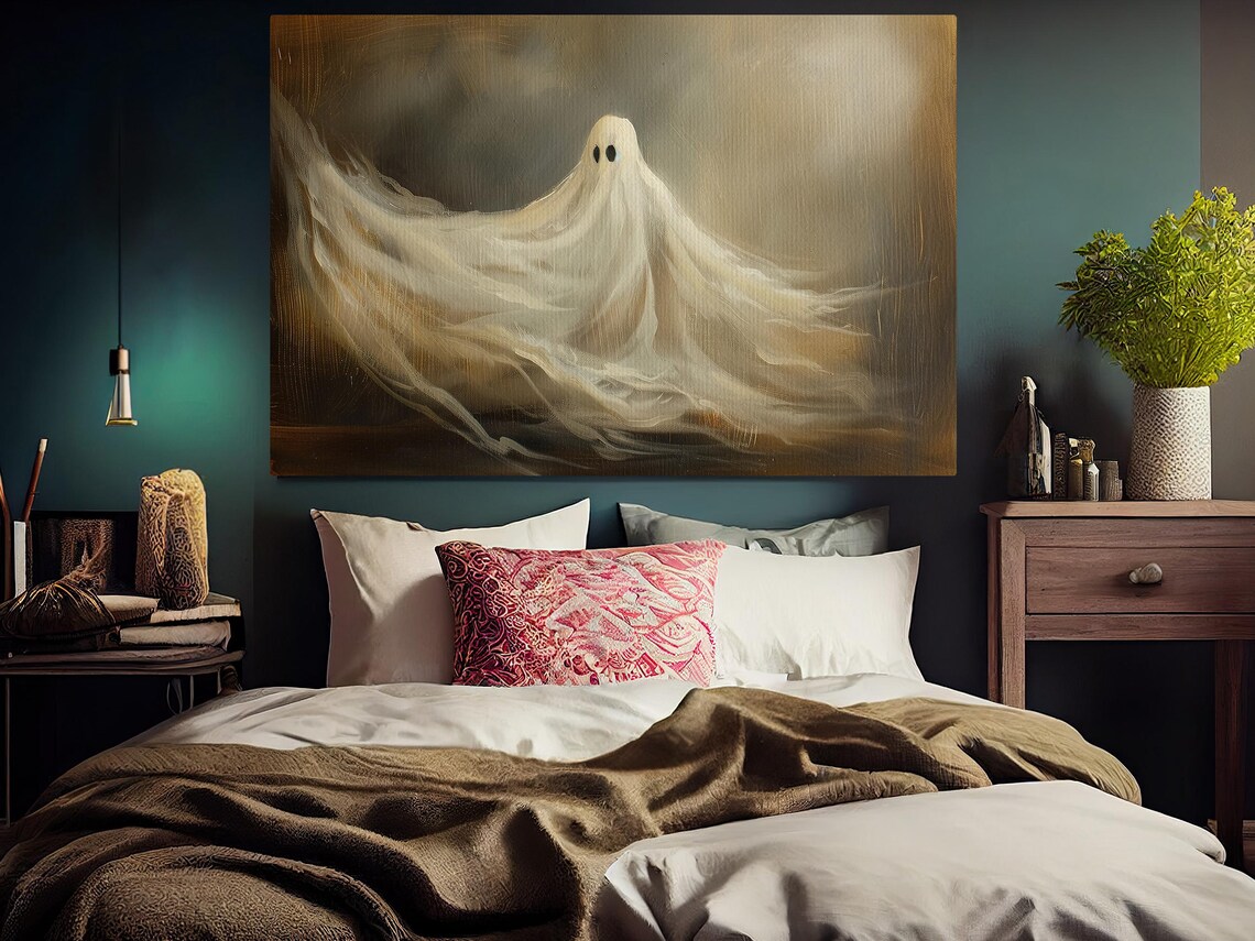 Elegant Flowing Sheet Ghost Painting in Dark Golden Light Art Poster - Image 4
