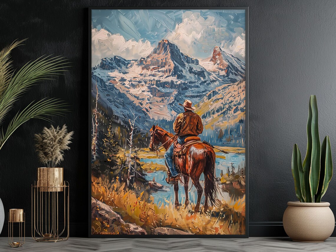 Cowboy On Horseback Snowy Mountain Lake Western Landscape Poster - Image 3