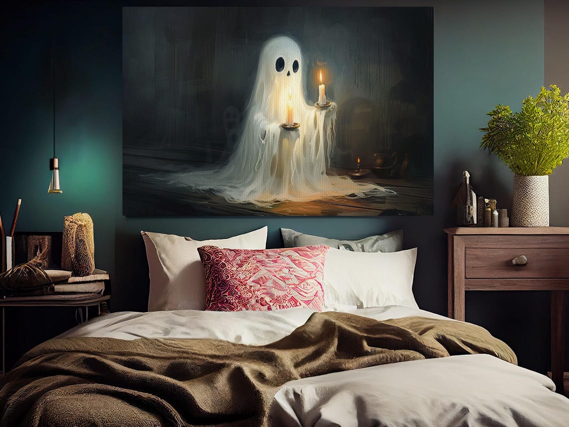 Dark Ghost Holding Two Lit Candles in Spooky Room Candlelight Poster - Image 4