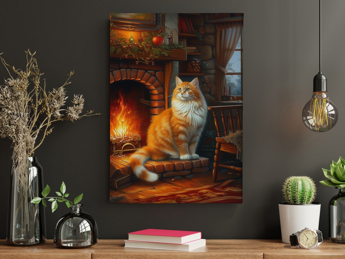 Fluffy Orange Cat By Cozy Fireplace Hearth Cottage Winter Art Poster - Image 5