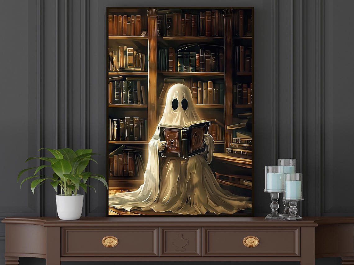 Ghost Reading Book In Grand Library Cozy Spooky Halloween Art Print - Image 3