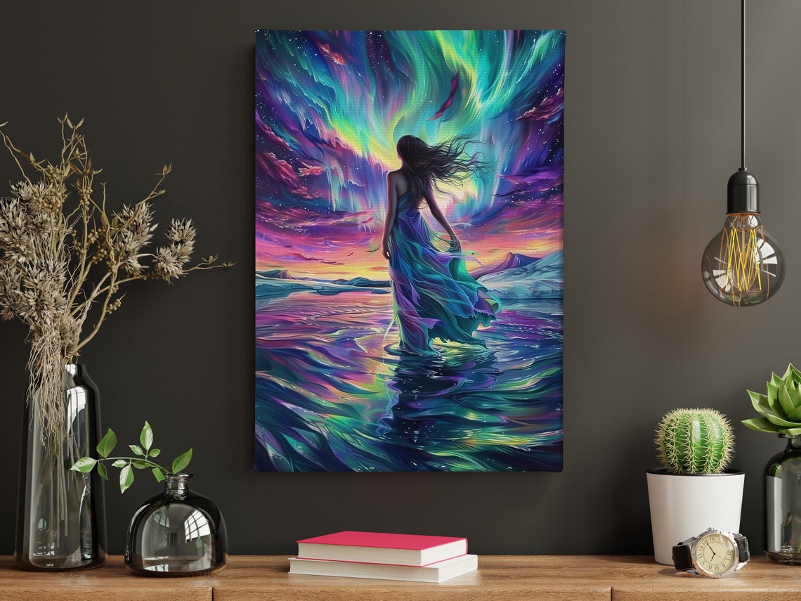 Beautiful Woman In Northern Light Oil Painting Aurora Woman Print Peaceful Woman Print Aurora Poster Print - Image 4