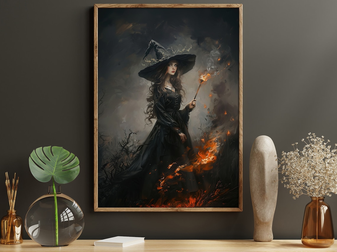 Dark Young Fire Witch, Magical Halloween Poster Print