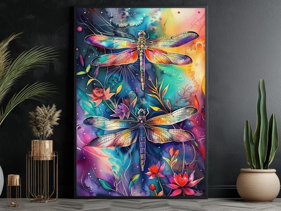 Enchanted Dragonfly Oil Painting Dragonfly Print Colorful Flowers Print Magical Botanical Wall Art