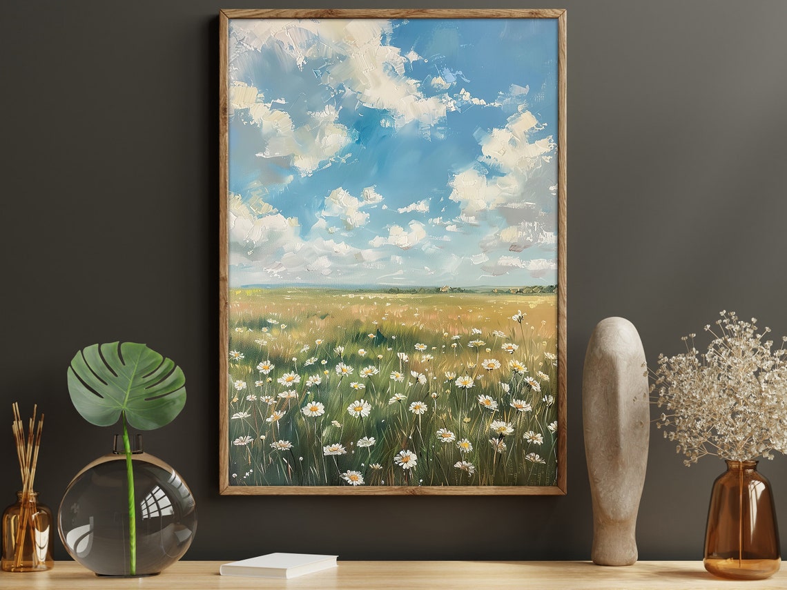Daisy Field Under Bright Blue Sky With Clouds Spring Meadow Art Poster