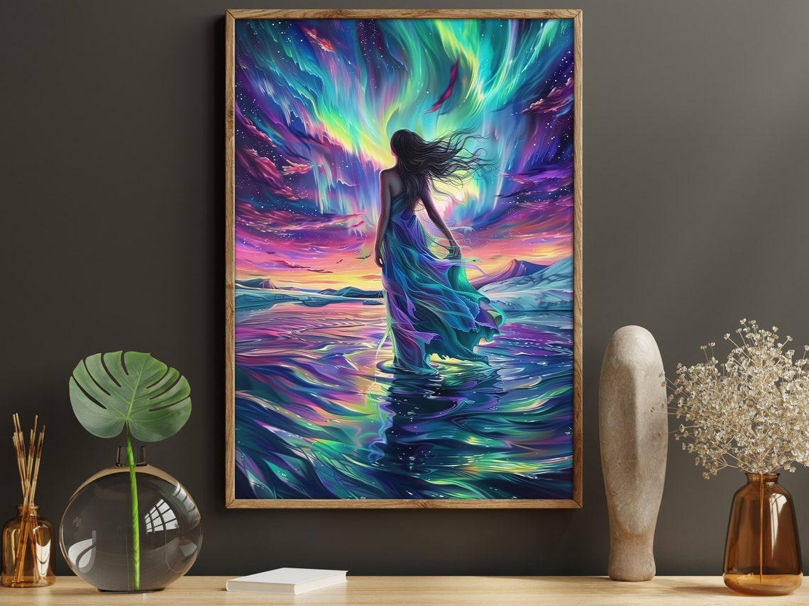 Beautiful Woman In Northern Light Oil Painting Aurora Woman Print Peaceful Woman Print Aurora Poster Print