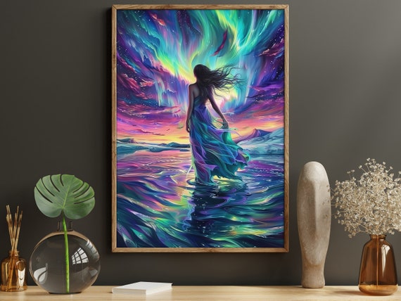 Beautiful Woman In Northern Light Oil Painting Aurora Woman Print Peaceful Woman Print Aurora Poster Print