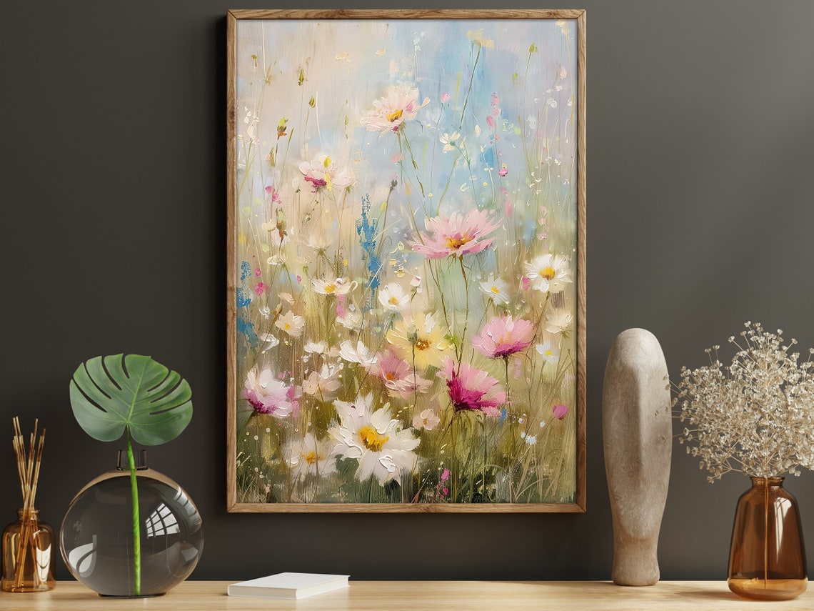 Pastel Wildflower Meadow Pink Cosmos Dreamy Botanical Art Poster