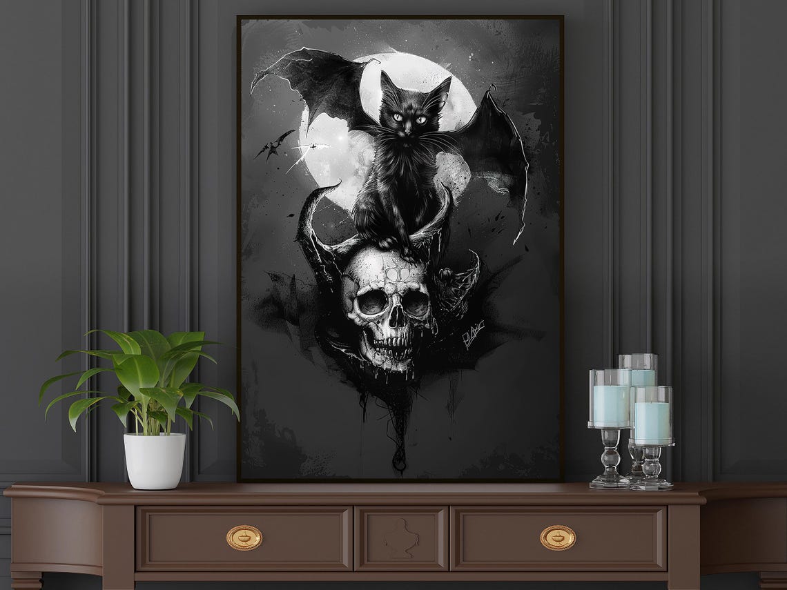 Gothic Black Cat with Bat Wings on Skull Under Full Moon Art Poster - Image 6