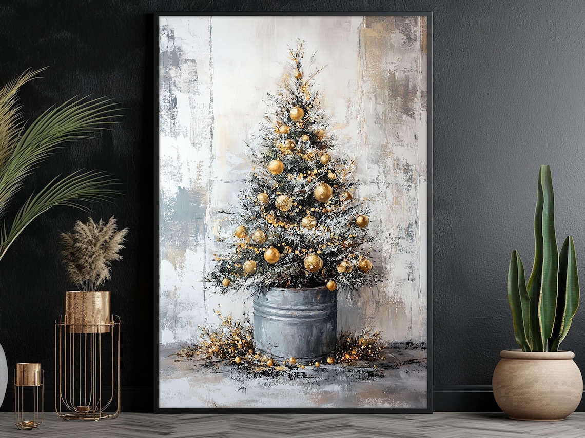 Vintage Christmas Tree Art Print, Cottage Winter Decor