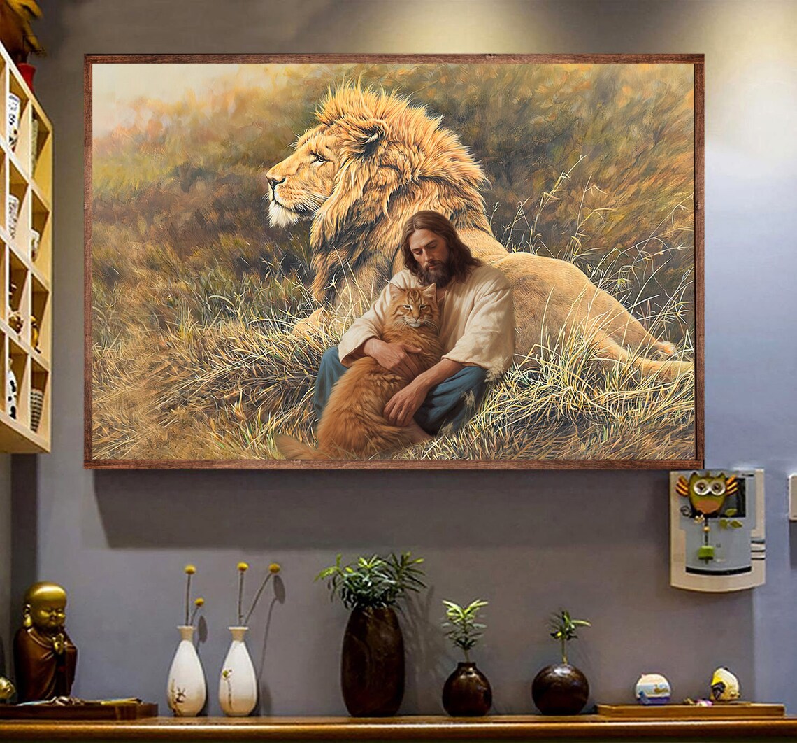 Jesus Holding Cat With Lion In Golden Meadow Peaceful Christian Art Poster - Image 3