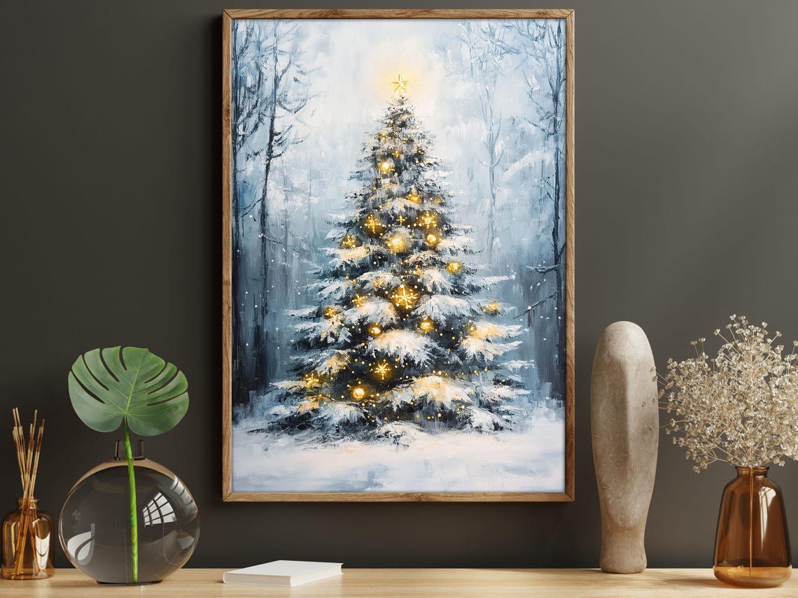 Snowy Christmas Tree With Golden Lights In Winter Forest Night Poster - Image 6