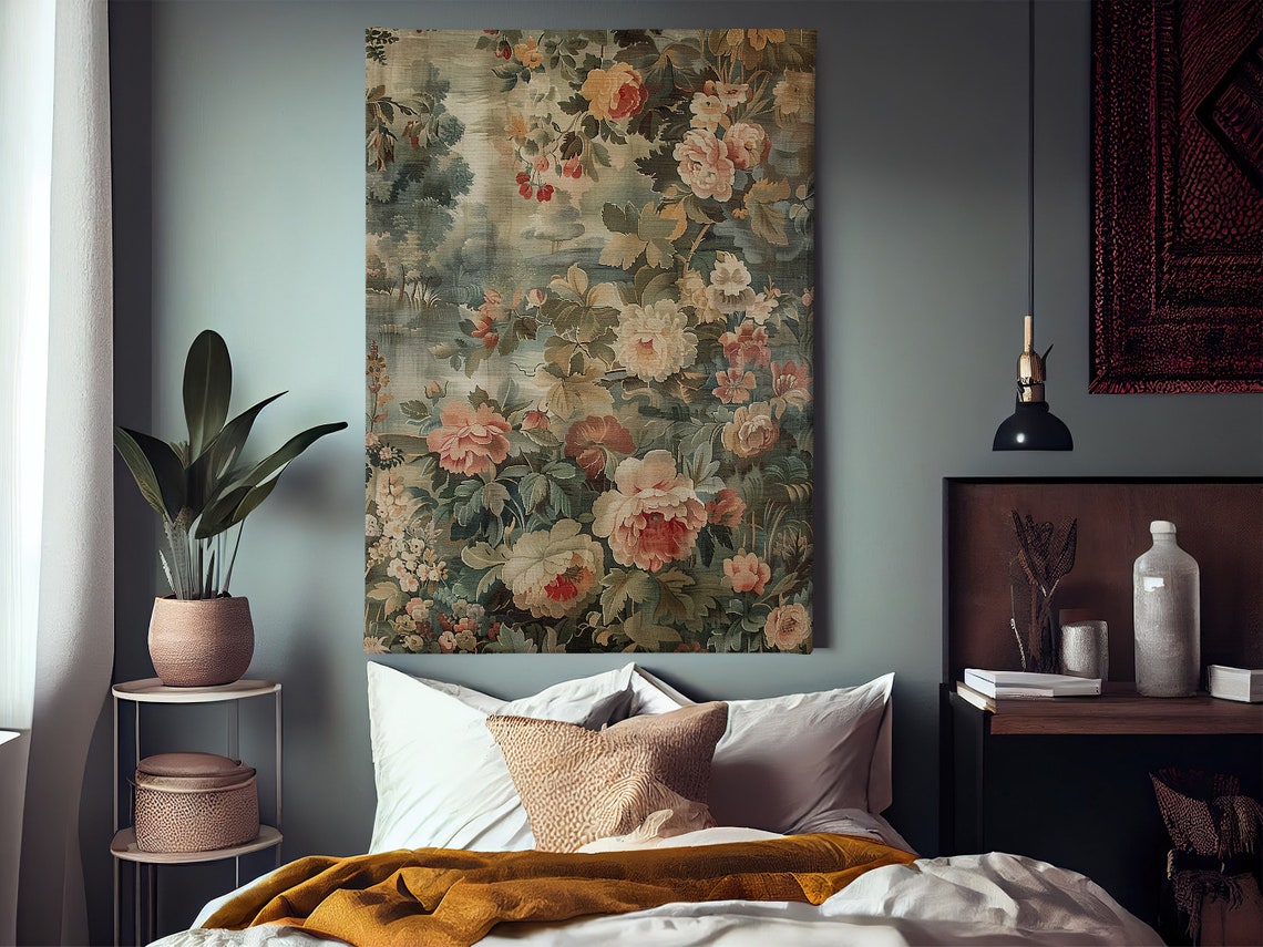 Vintage Floral Tapestry Peonies Roses Muted Sage Garden Wall Art Print - Image 2