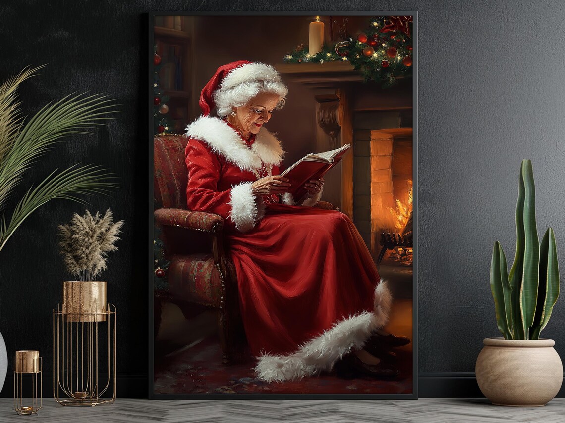 Vintage Mrs Claus Reading, Christmas Poster Print