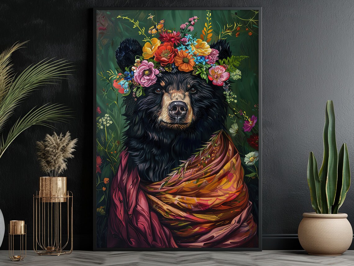 Vintage Maximalist Black Bear Floral Art Print