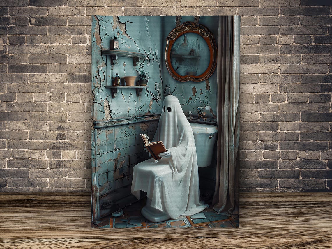 Vintage Ghost Reading Book on Toilet in Shabby Bathroom Funny Poster - Image 2