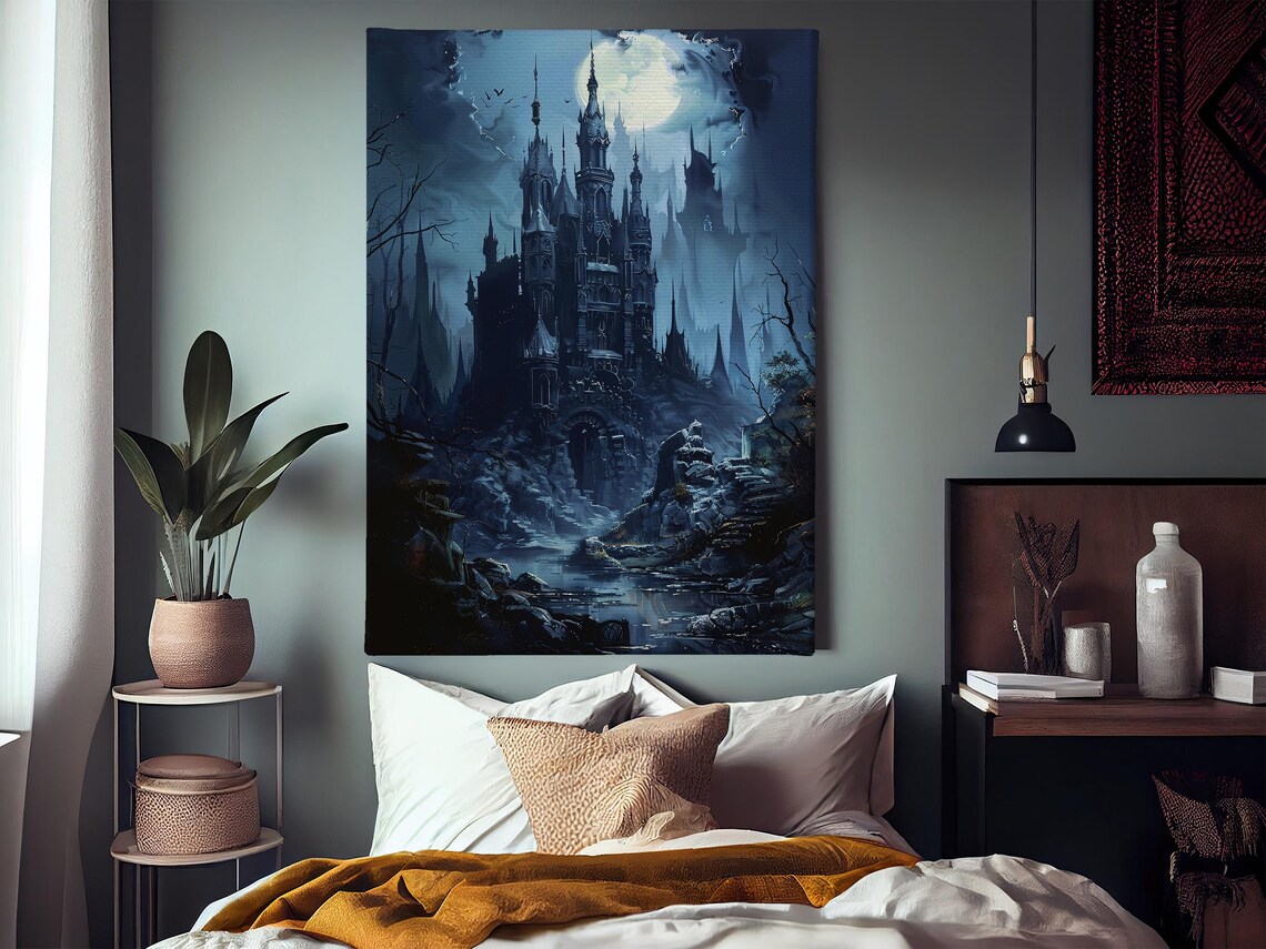 Dark Gothic Castle Under Full Moon with Bats in Misty Blue Night Poster - Image 3