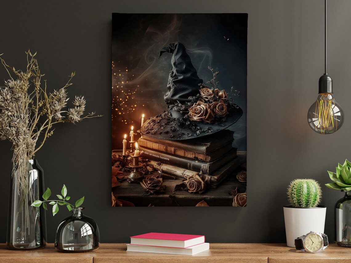 Surreal Witch Hat and Magical Books Art Print, Halloween - Image 2