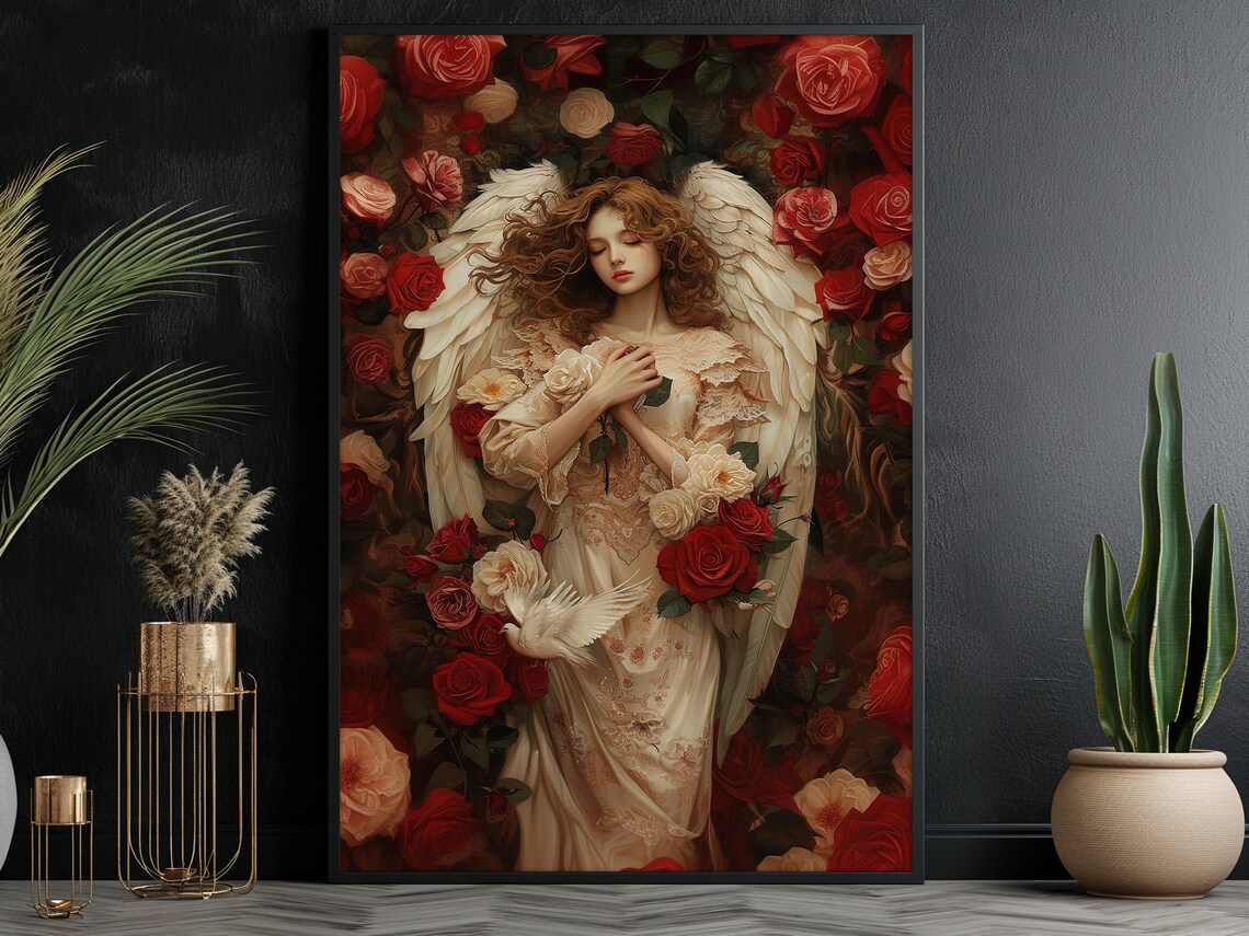 Angel in Roses, Catholic Faith Flower Art Print