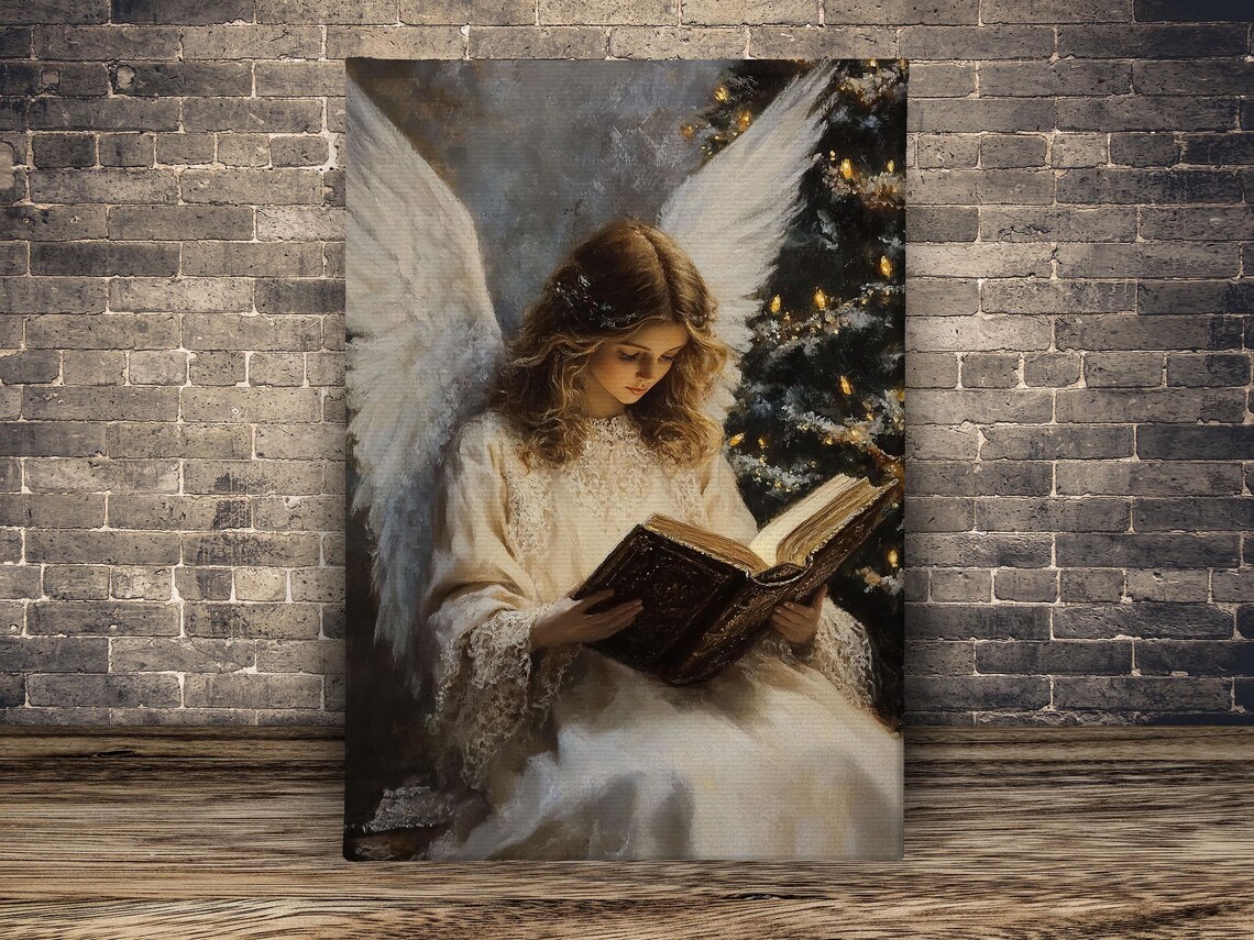 Angel Girl Reading Book Christmas Tree Lights Vintage Christian Art Painting Poster - Image 2