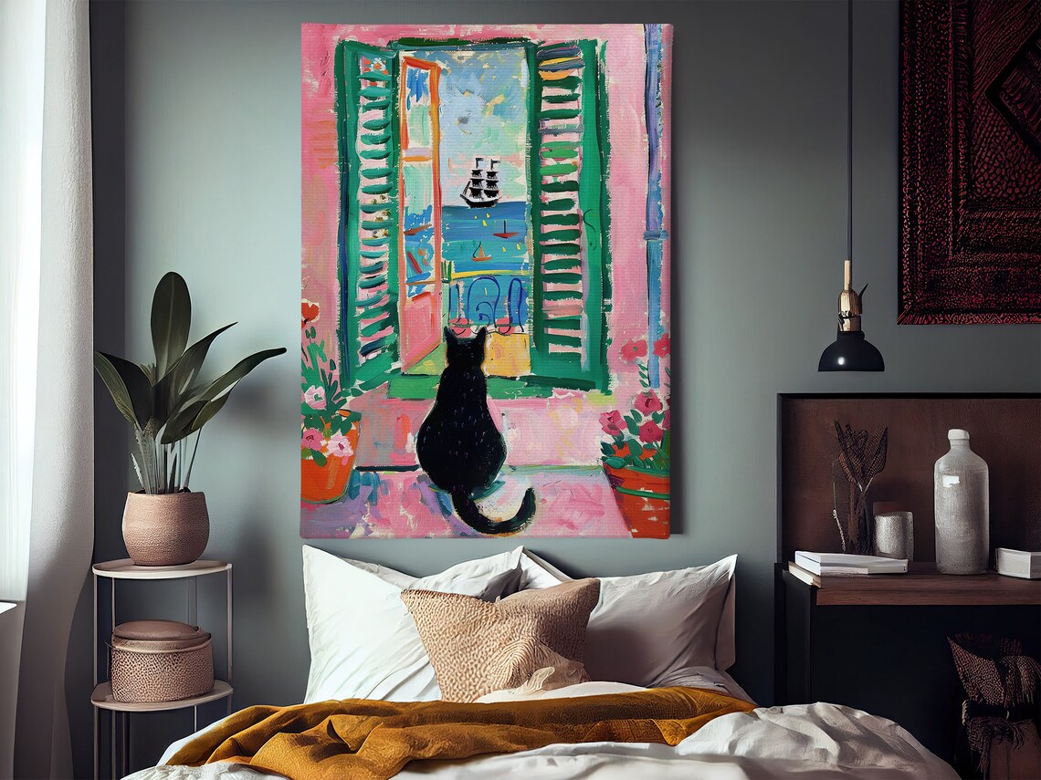 Vintage Black Cat by the Window, Matisse-Inspired Art Print - Image 2