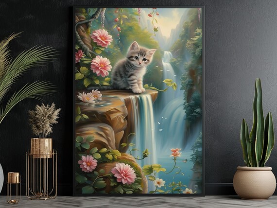 Tiny Kitten At Waterfall Edge In Magical Forest Cat Fantasy Poster