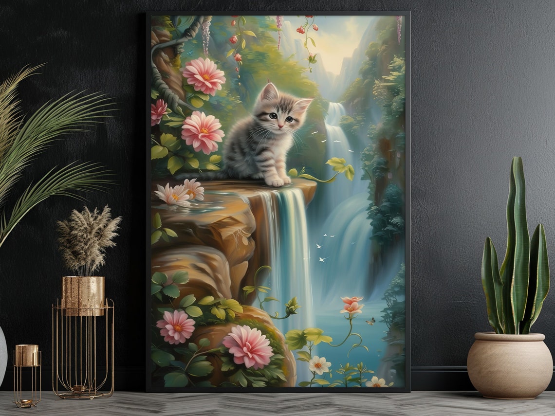 Tiny Kitten At Waterfall Edge In Magical Forest Cat Fantasy Poster