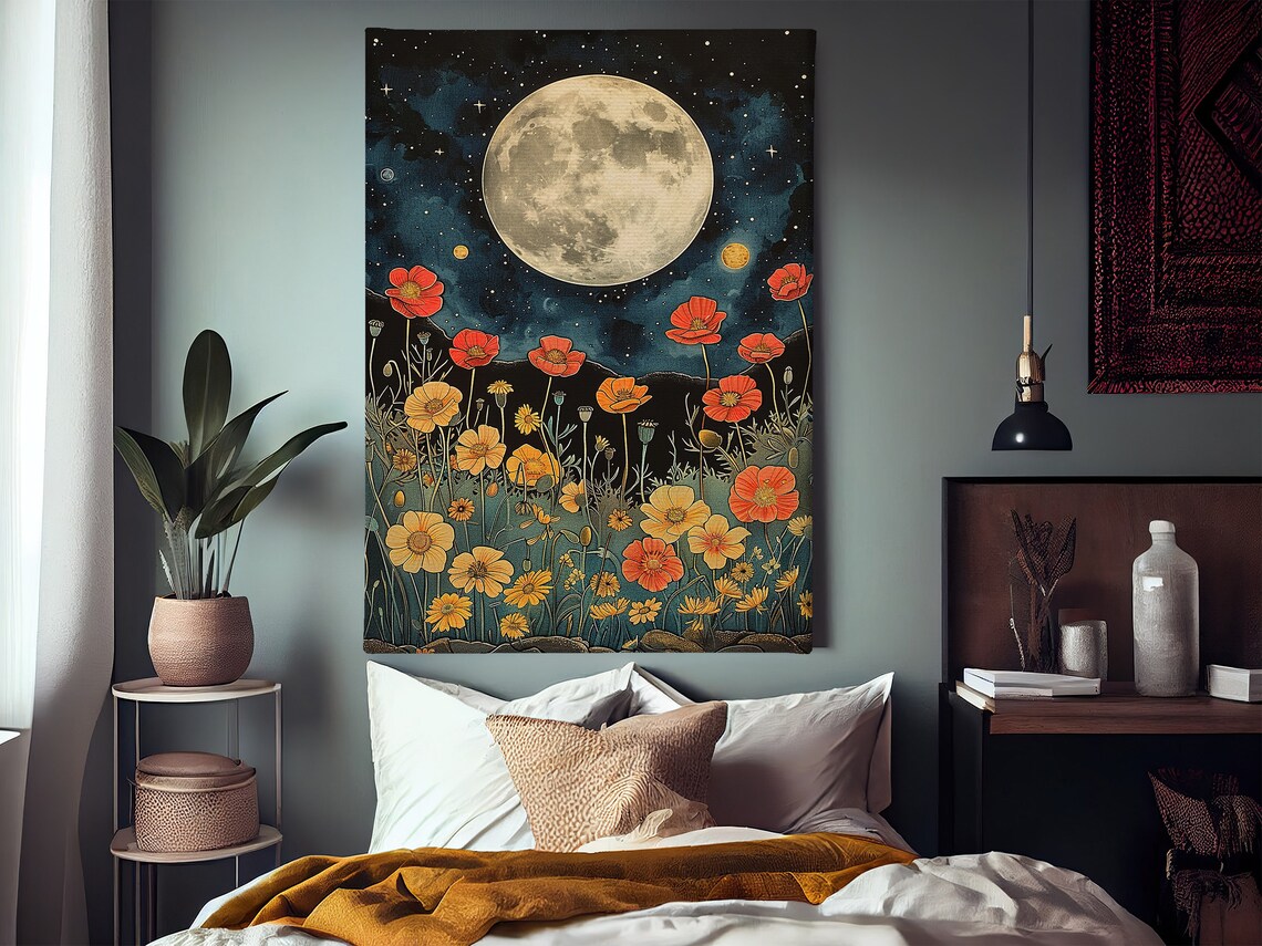 Red Poppies Under Full Moon Starry Night Vintage Floral Garden Poster - Image 2