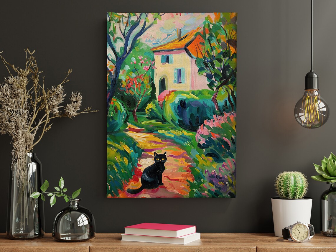 Black Cat Colorful Garden House Matisse Style Fauvist Art Poster - Image 4