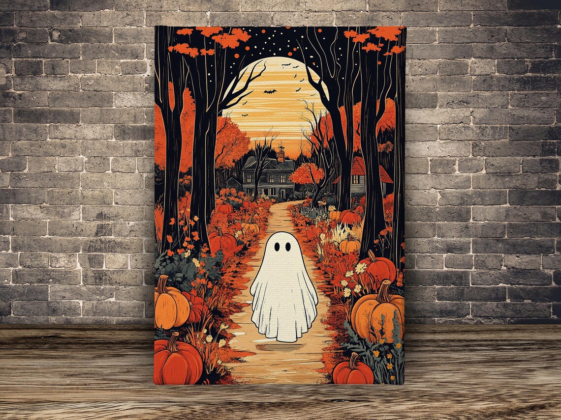 Cute Ghost Pumpkin Patch Autumn Forest Moon Vintage Halloween Illustration Poster - Image 2