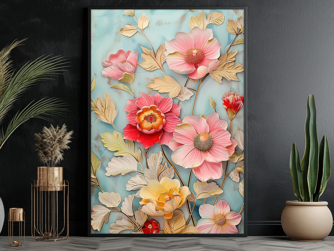 Vintage Pink Blossom Floral Painting Retro Botanical Wall Art Poster