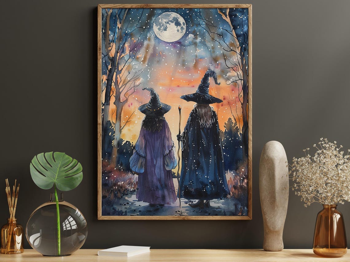 Mother And Child Witches Under Moonlight Watercolor Halloween Poster - Image 6