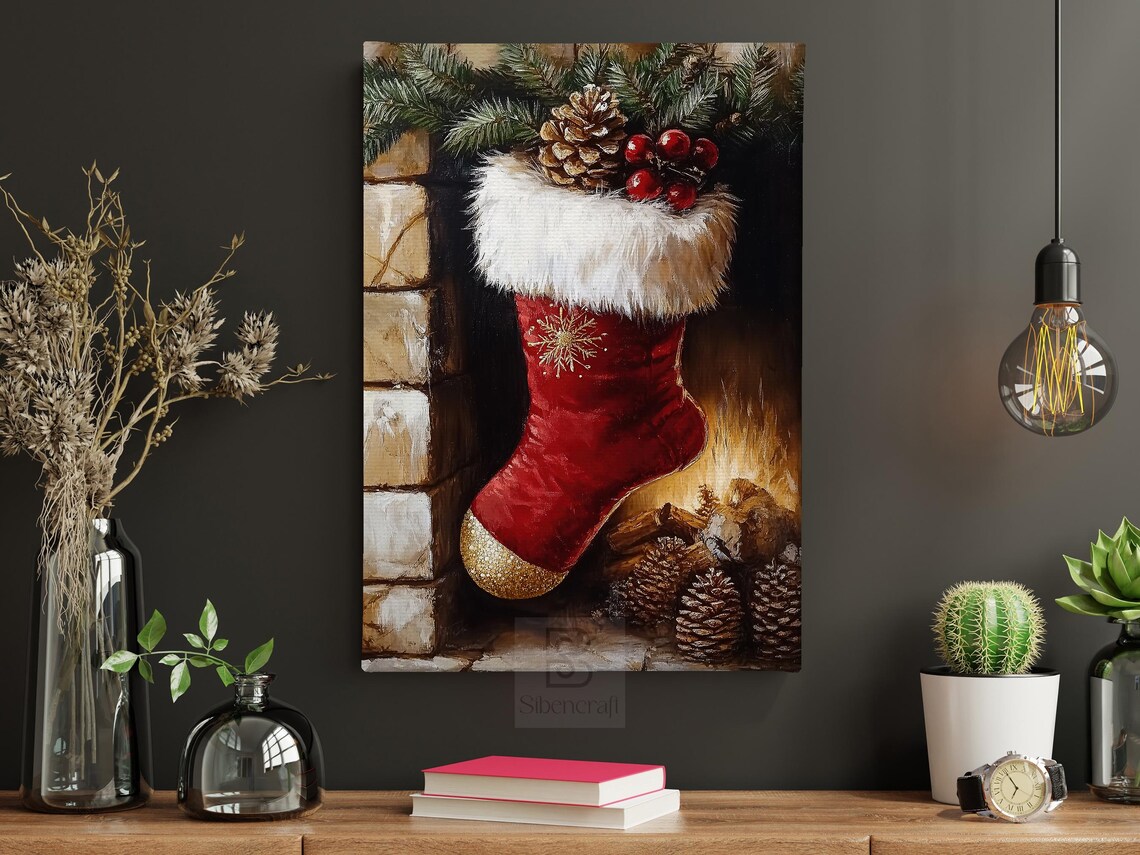 Cozy Christmas Stocking Painting, Fireplace Art Print - Image 5
