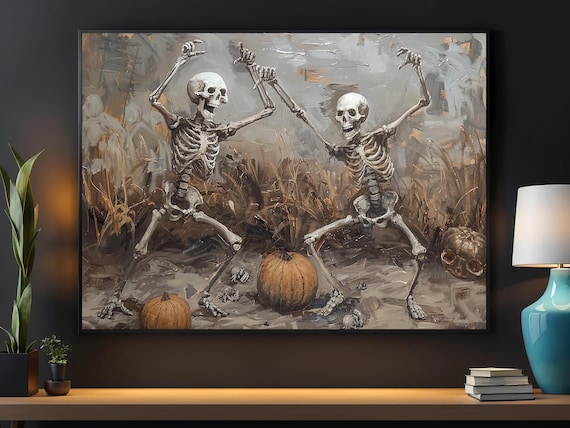Joyful Dancing Skeletons Among Pumpkins in Harvest Field Art Poster