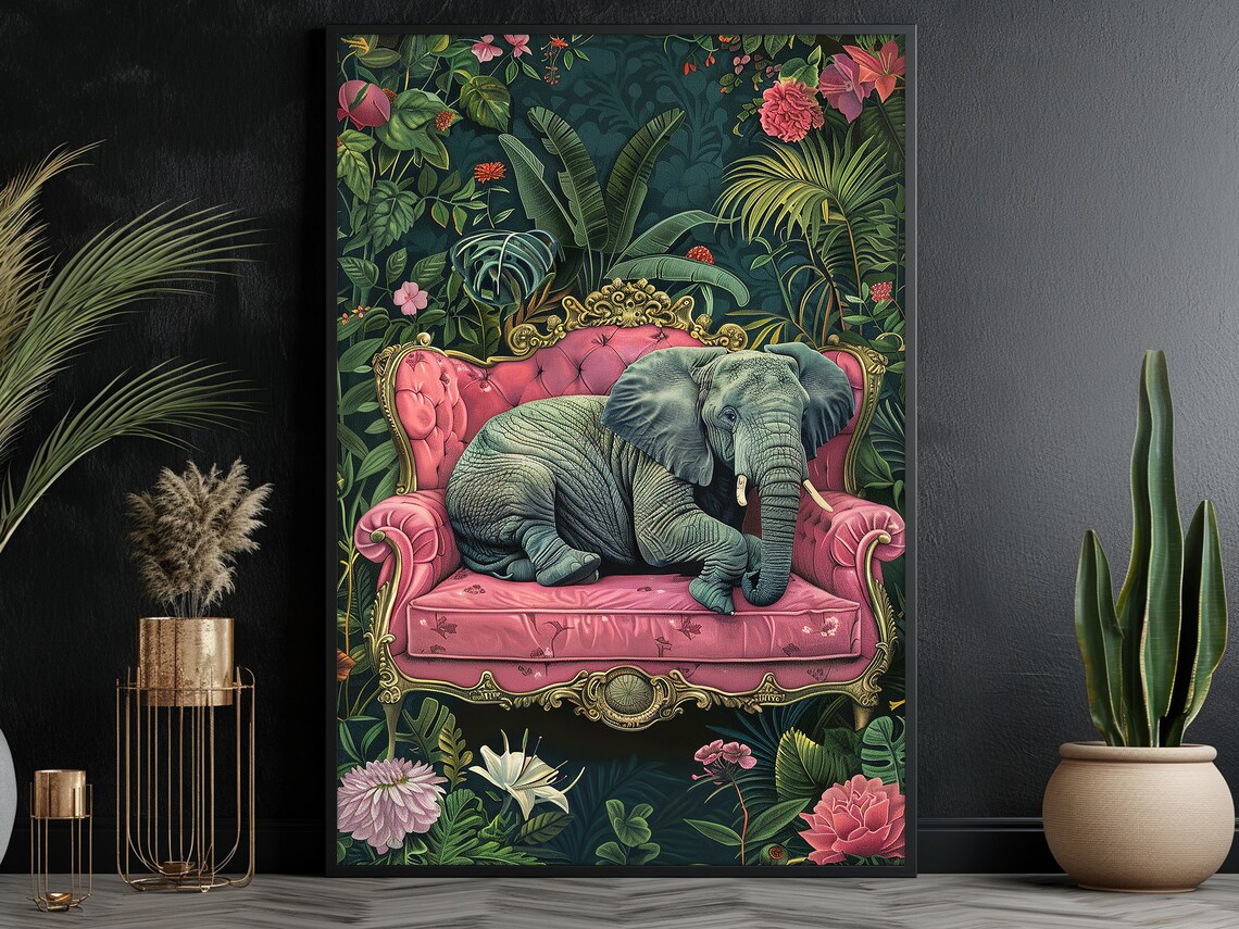 Tropical Elephant On The Sofa, Animal Wall Art Print