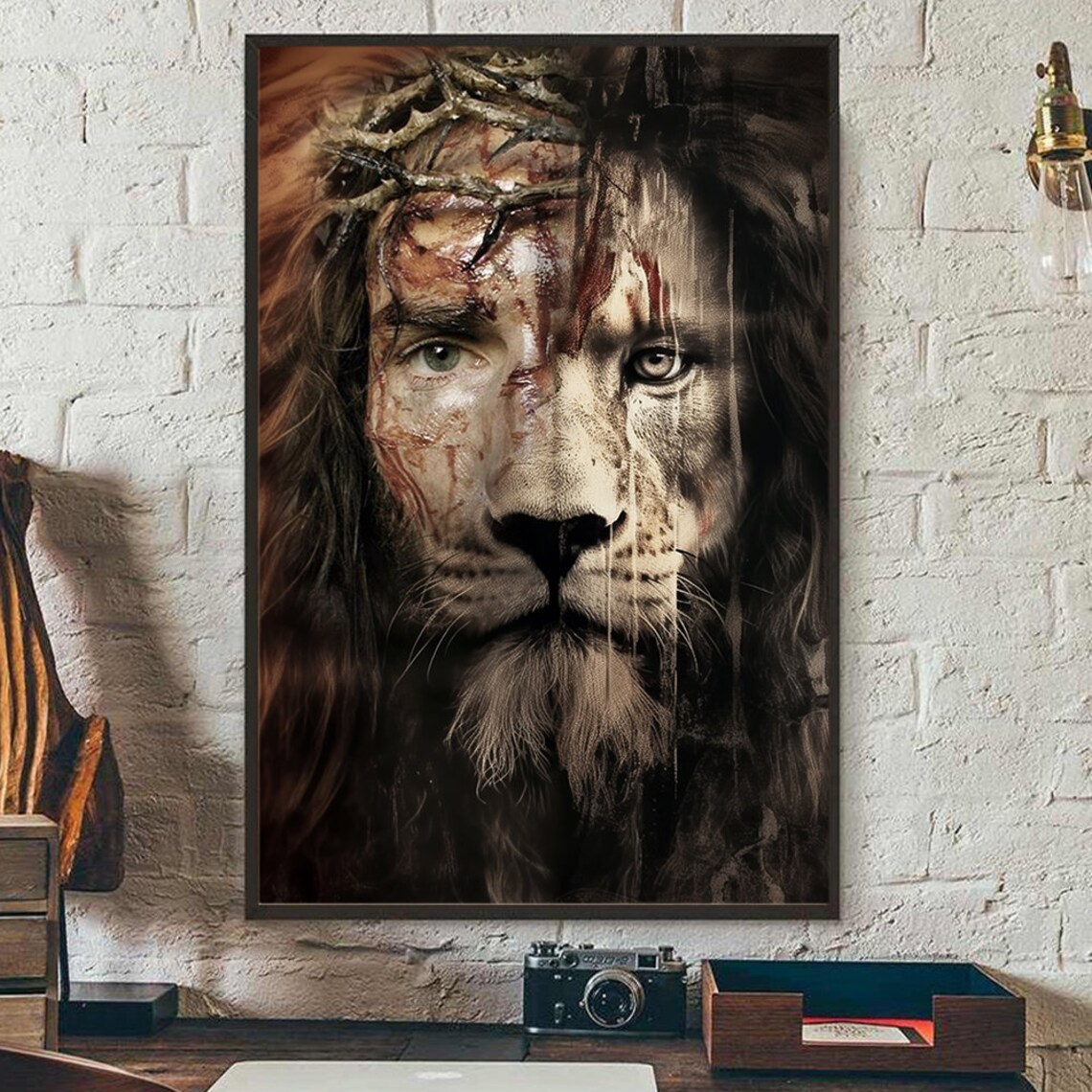 Jesus Lion Of Judah Crown Of Thorns Merged Face Christian Wall Art Poster