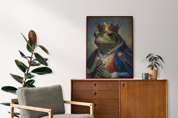 King Frog Royal Portrait Golden Crown Regal Amphibian Wall Art