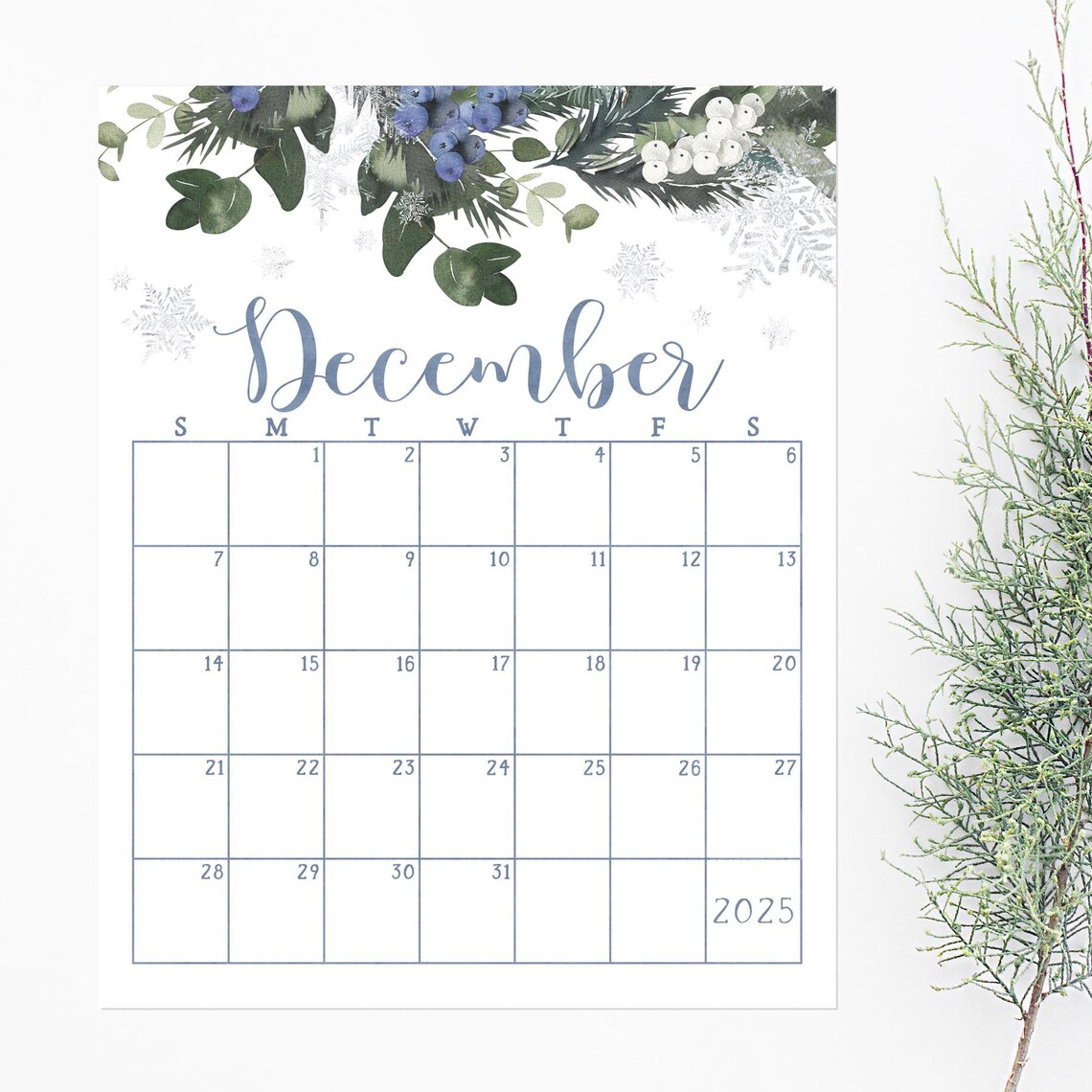 December 2025 Calendar Blue Berries Snowflakes Winter Botanical Print - Image 4