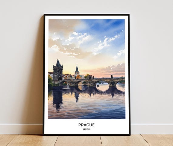 Charles Bridge Prague Sunset Watercolor Print Art Czechia Travel Poster Home Office