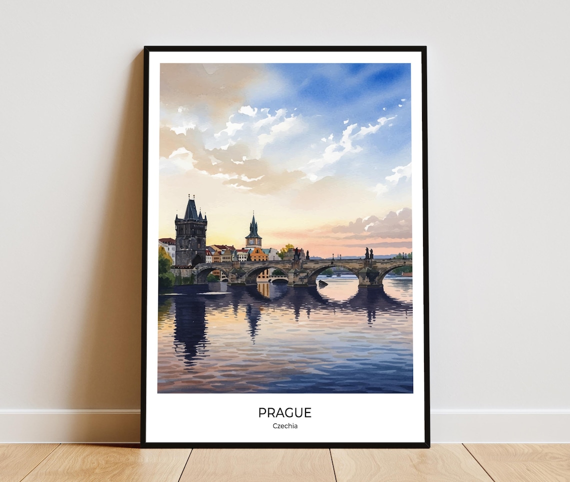 Prague Charles Bridge Sunset Watercolor Travel Poster Czechia