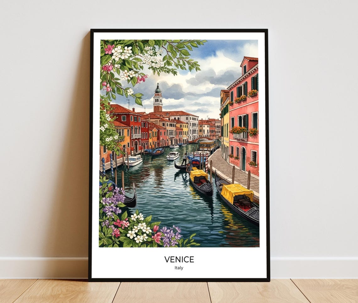 Venice Flower Canal Gondolas Spring Watercolor Travel Poster