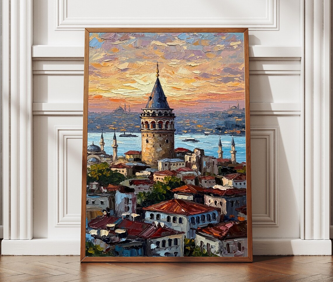 Galata Tower Istanbul Turkey Golden Sunset Oil Painting Poster