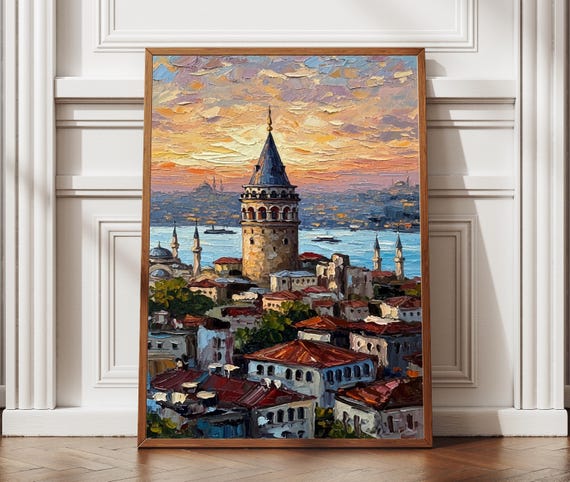 Istanbul Galata Tower Oil Painting Textured Style Print Wall Art Oriental Turkish Travel Poster Home Office