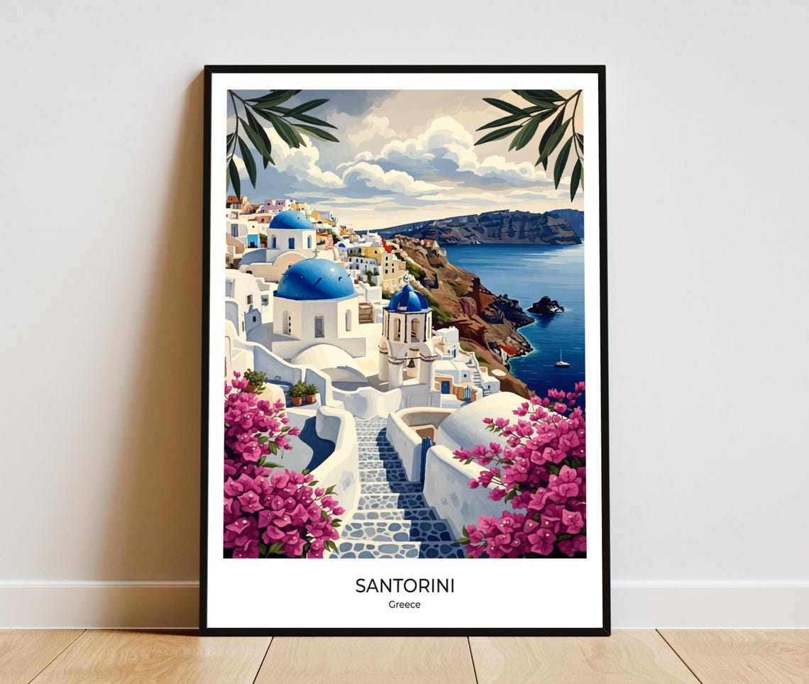 Santorini Blue Dome Churches Bougainvillea Greece Travel Poster