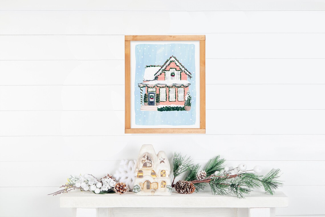 Holiday Home Pink House Christmas Art Print - Image 3