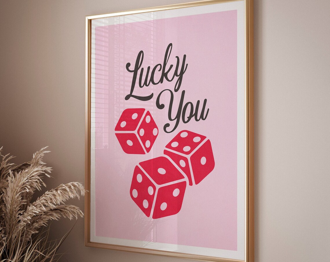 Lucky You Pink Retro Red Dice Fun Playful Minimalist Wall Art - Image 4
