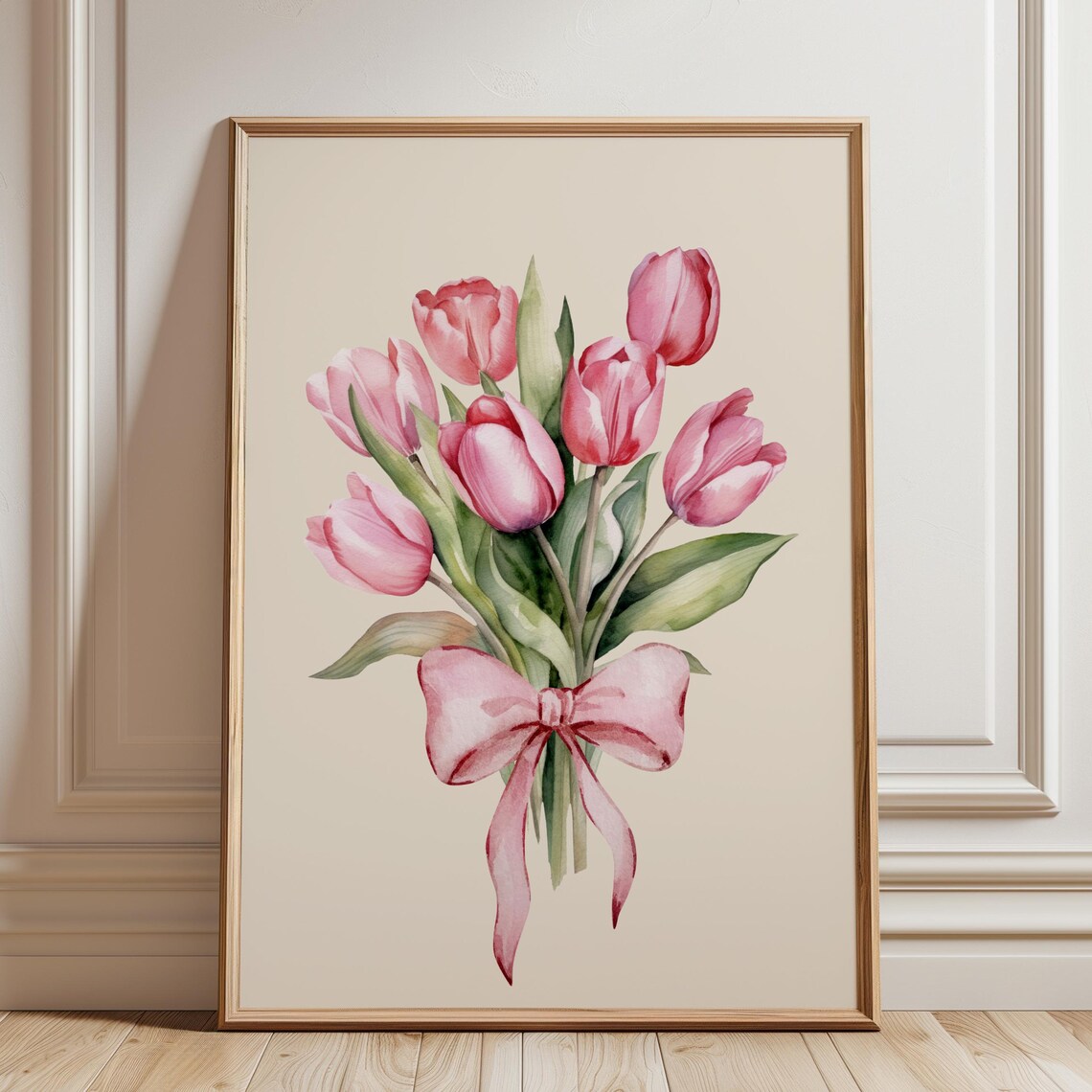 Sweet Coquette Pink Tulips Bouquet With Bow Watercolor Art Print