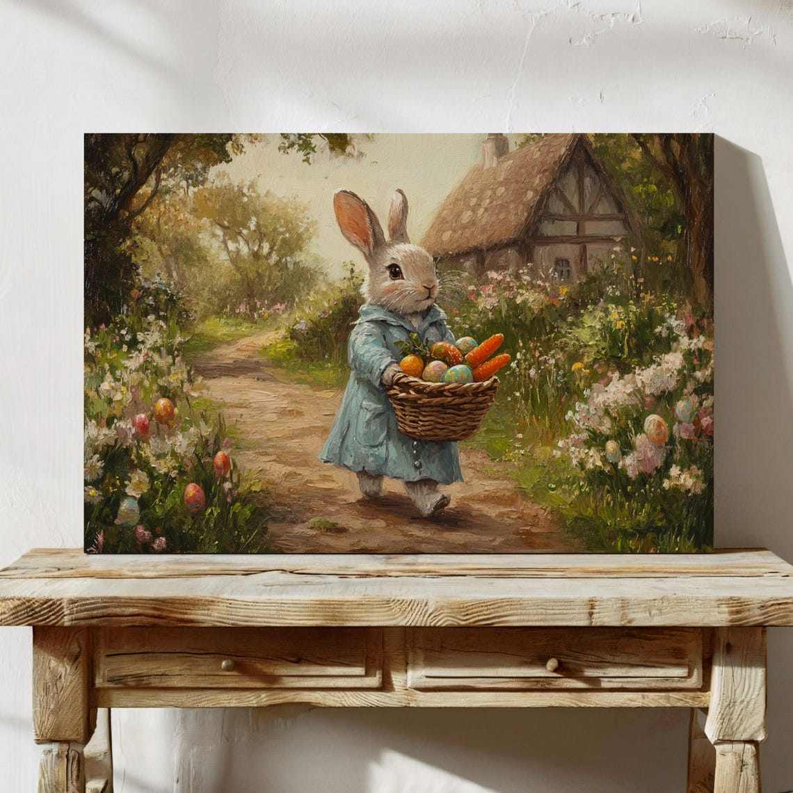 Bunny in Blue Coat Carrying Harvest Basket Toward Cottage Poster - Image 7