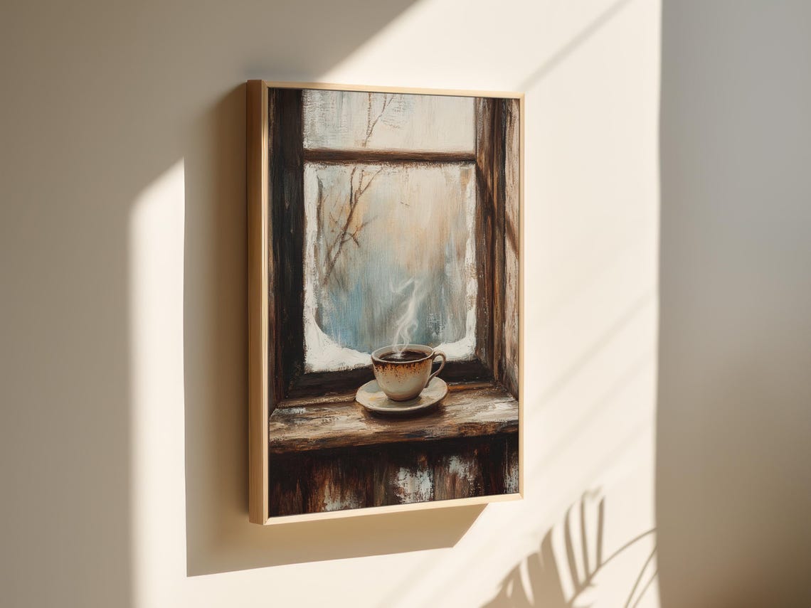 Steaming Coffee Cup on Snowy Winter Window Sill Painting Poster - Image 6