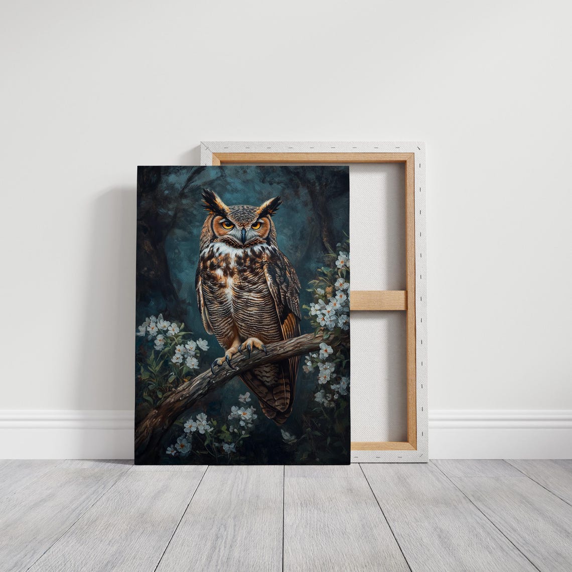 Great Horned Owl With White Flowers Wildlife Nocturnal Painting Poster - Image 3